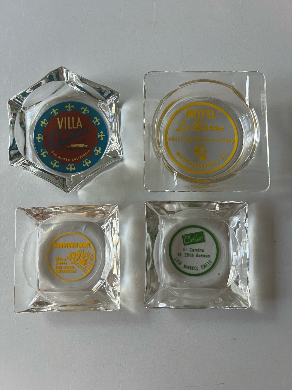 Set of 4 Vintage MCM advertising Glass Ashtrays with Colorful Logos
